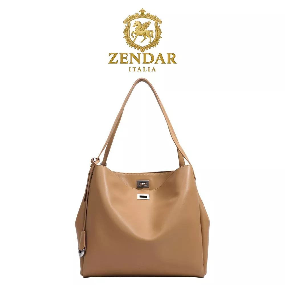 【ZENDAR】頂級小牛皮肩背包 艾莉諾系列 金棕色