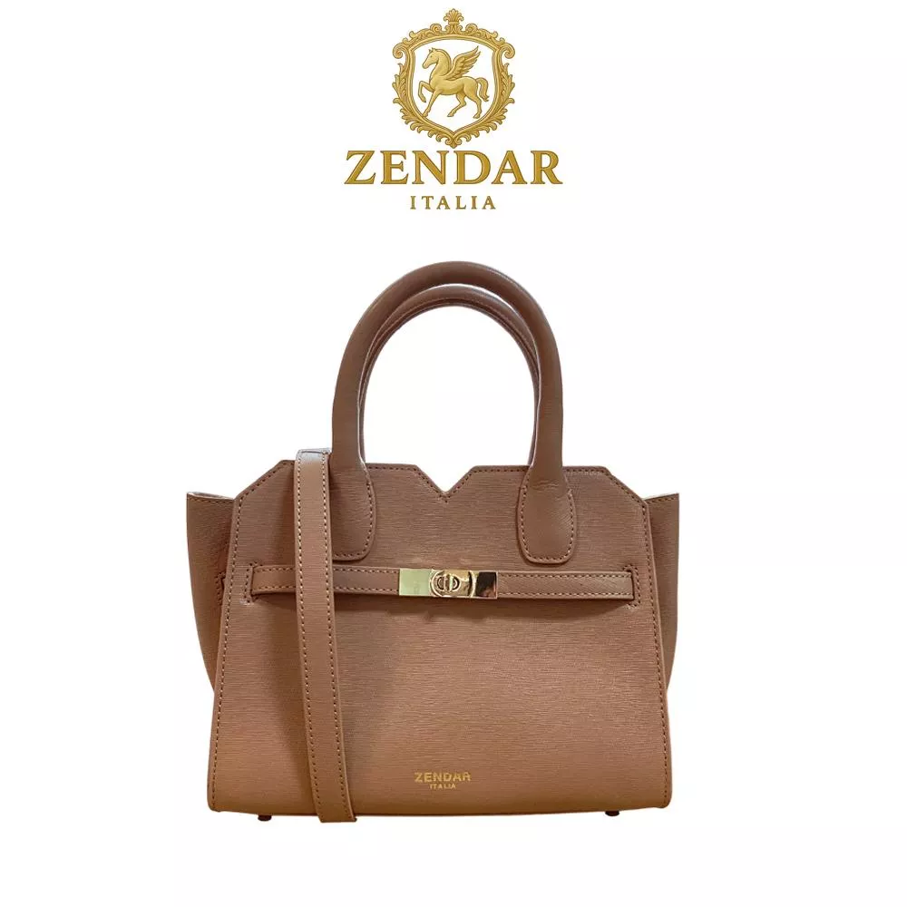 【ZENDAR】頂級小牛皮十字紋手提包肩背包 娜塔莉系列 琥珀色