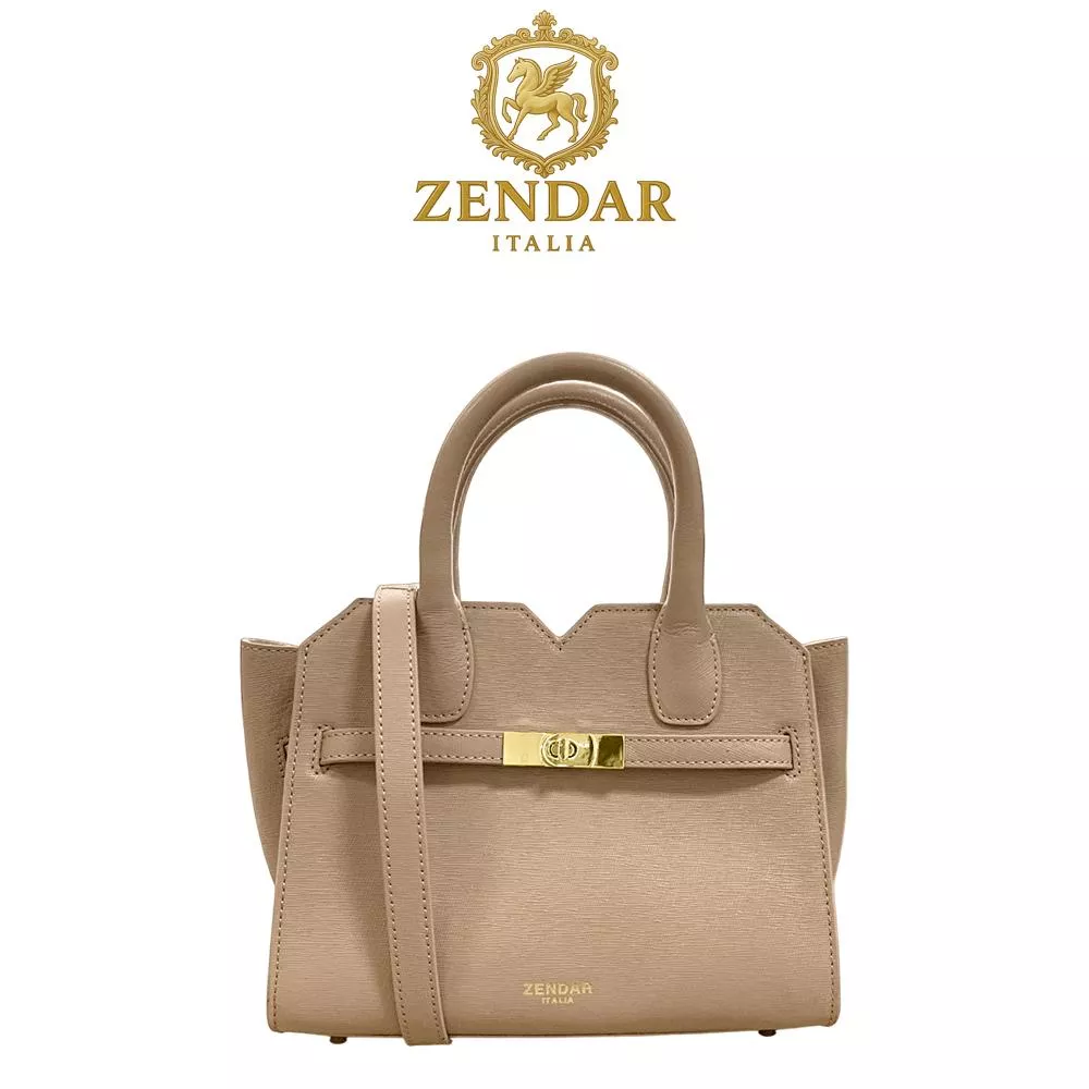 【ZENDAR】限量1折 頂級小牛皮十字紋手提包肩背包 娜塔莉系列 全新專櫃展示品 杏色
