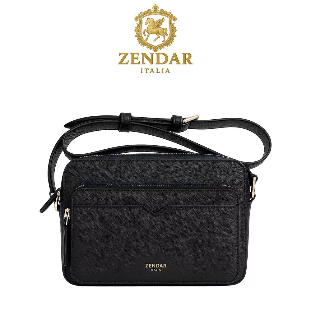【ZENDAR】頂級小牛皮十字紋肩背包 洛特系列 黑色