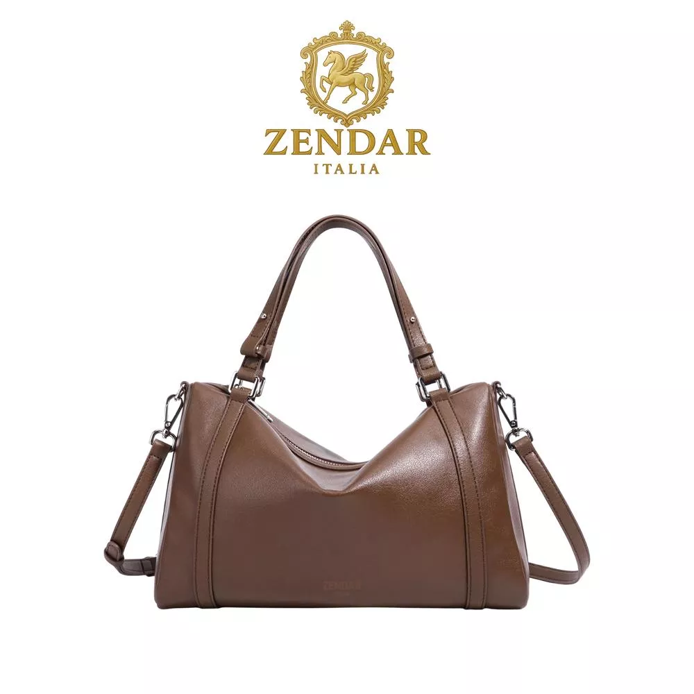 【ZENDAR】限量1折 頂級小牛皮波士顿包肩背包 保莉娜系列 全新專櫃展示品 (咖啡色)