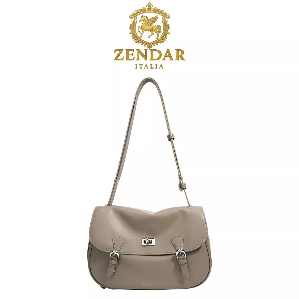 【ZENDAR】頂級小牛皮肩背包 卡米拉系列 (大象灰)