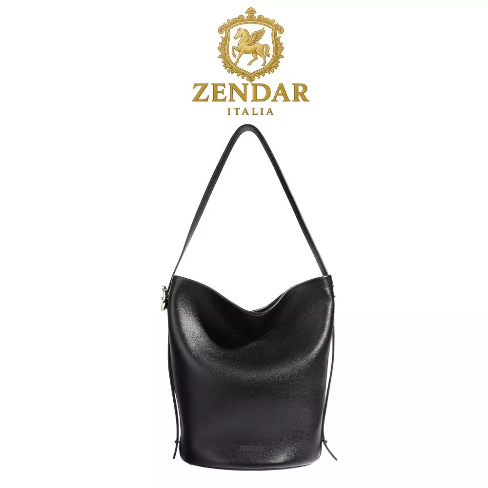 【ZENDAR】頂級小牛皮水桶包肩背包 戴娜系列 (黑色)
