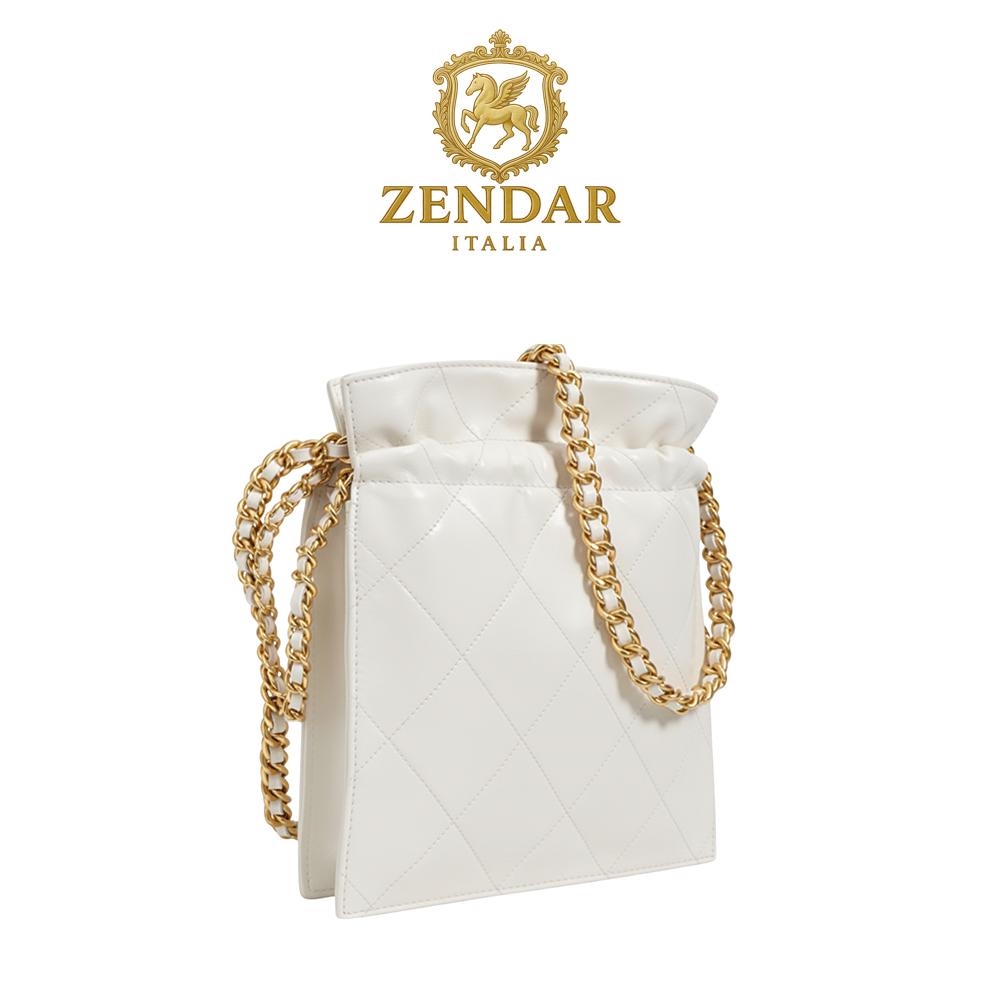 【ZENDAR】頂級小牛皮菱格紋肩背包 妙麗系列 (米白色)