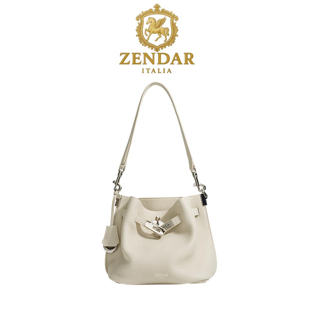 【ZENDAR】頂級小牛皮水桶包肩背包 奥菲系列 (冰川白)