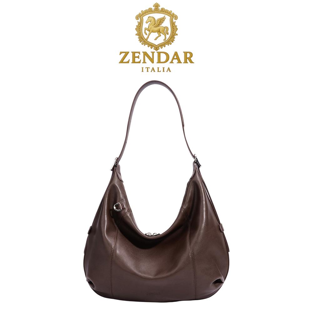 【ZENDAR】限量1折 頂級小牛皮肩背包 埃萊娜系列 全新專櫃展示品 (熱可可色)