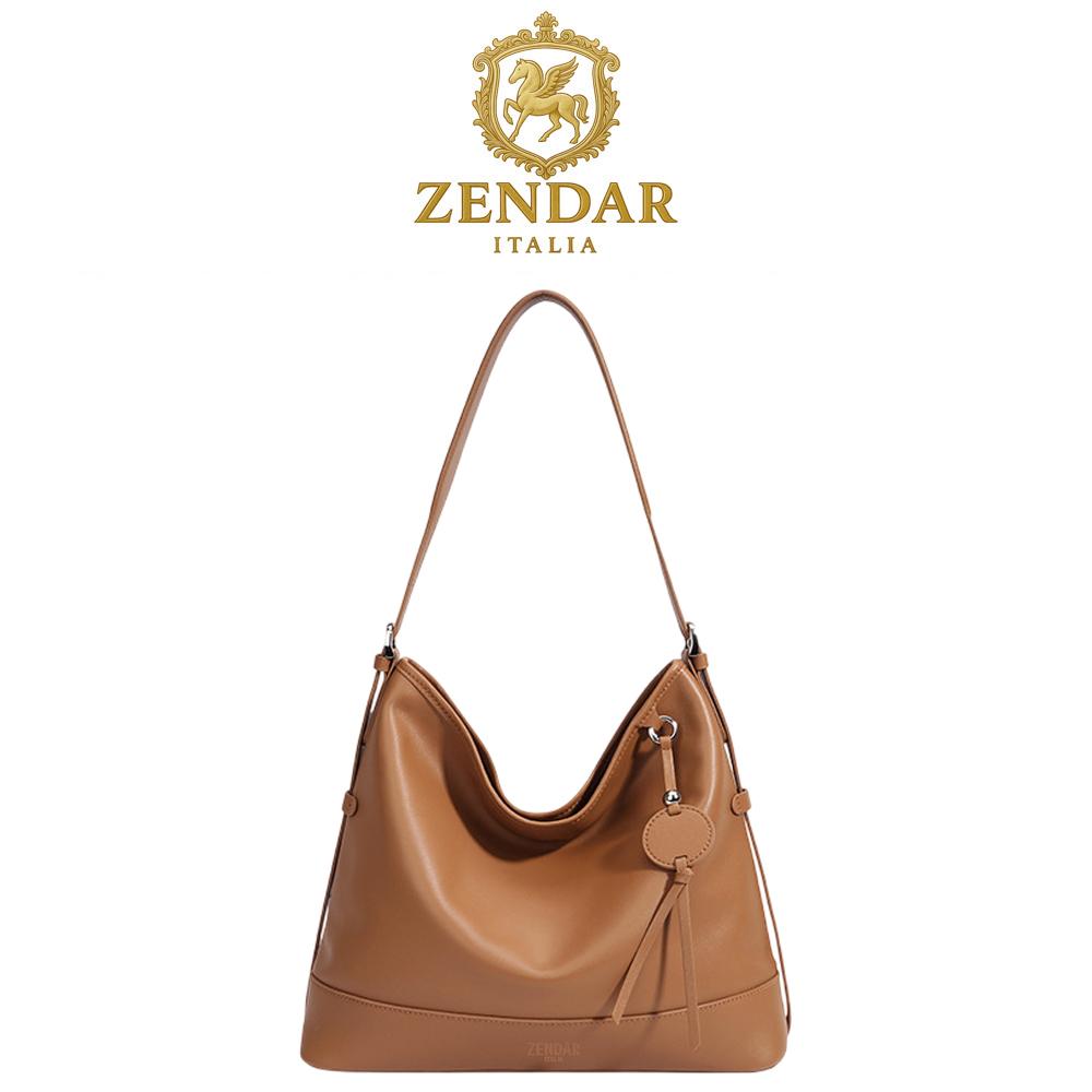 【ZENDAR】頂級小牛皮肩背包 麗娜系列 (琥珀色)