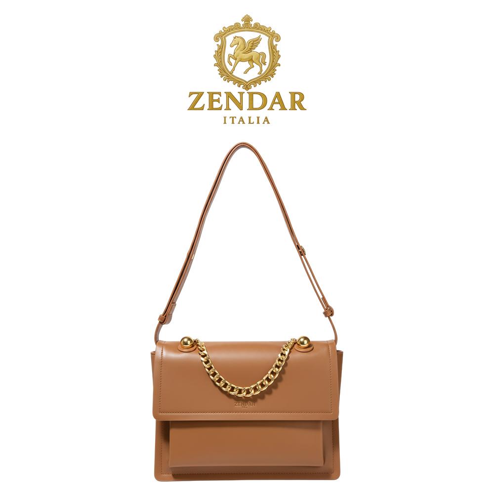 【ZENDAR】頂級小牛皮肩背包 勞倫系列 (琥珀色)
