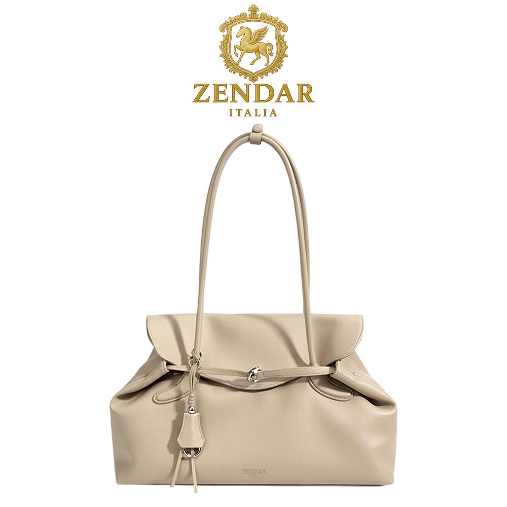 【ZENDAR】頂級小牛皮托特包手提包 賈桂琳系列 (卡其色)