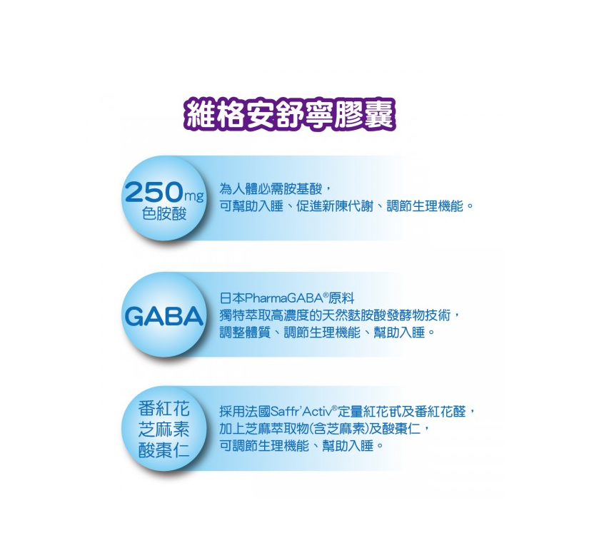 維格 安舒寧膠囊 / GABA、色胺酸、芝麻素、酸棗仁、番紅花 / 60顆 / 全素