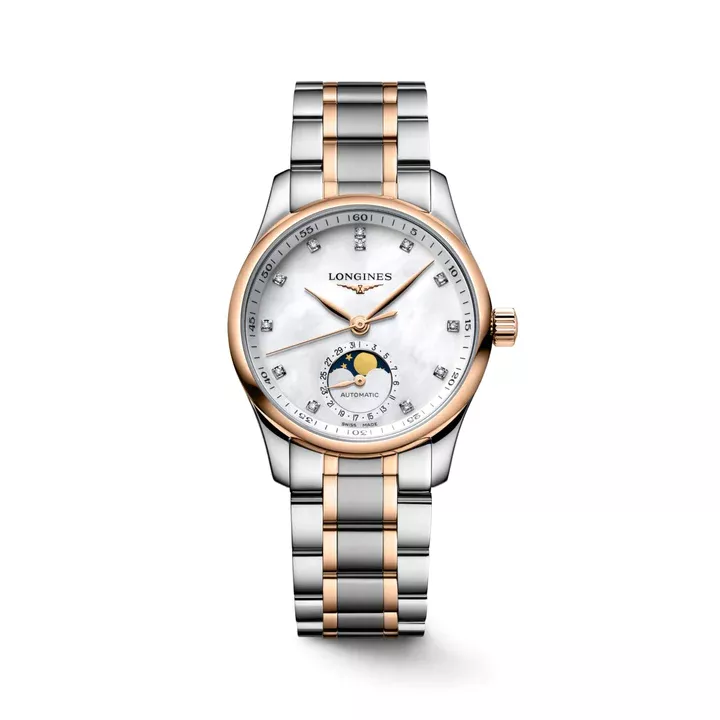 LONGINES 浪琴 MASTER 巨擘系列月相18k玫瑰金鋼鑽母貝面月相機械腕錶 34mm L24095897