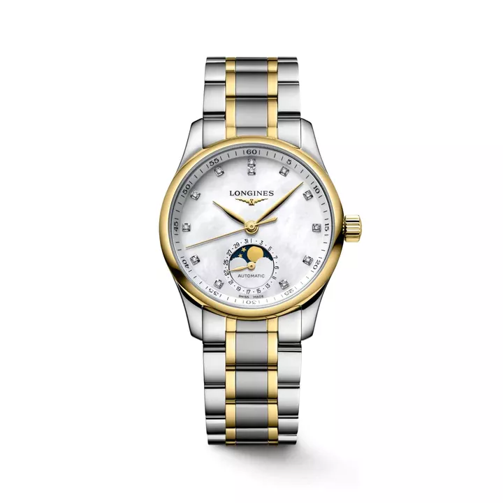 LONGINES 浪琴 MASTER 巨擘系列月相18k黃金鋼鑽母貝面月相機械腕錶 34mm L24095877