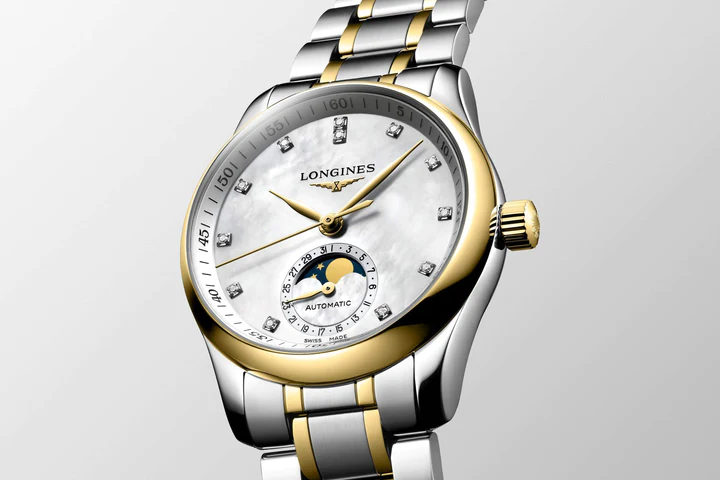 LONGINES 浪琴 MASTER 巨擘系列月相18k黃金鋼鑽母貝面月相機械腕錶 34mm L24095877