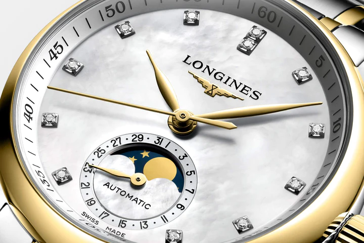 LONGINES 浪琴 MASTER 巨擘系列月相18k黃金鋼鑽母貝面月相機械腕錶 34mm L24095877