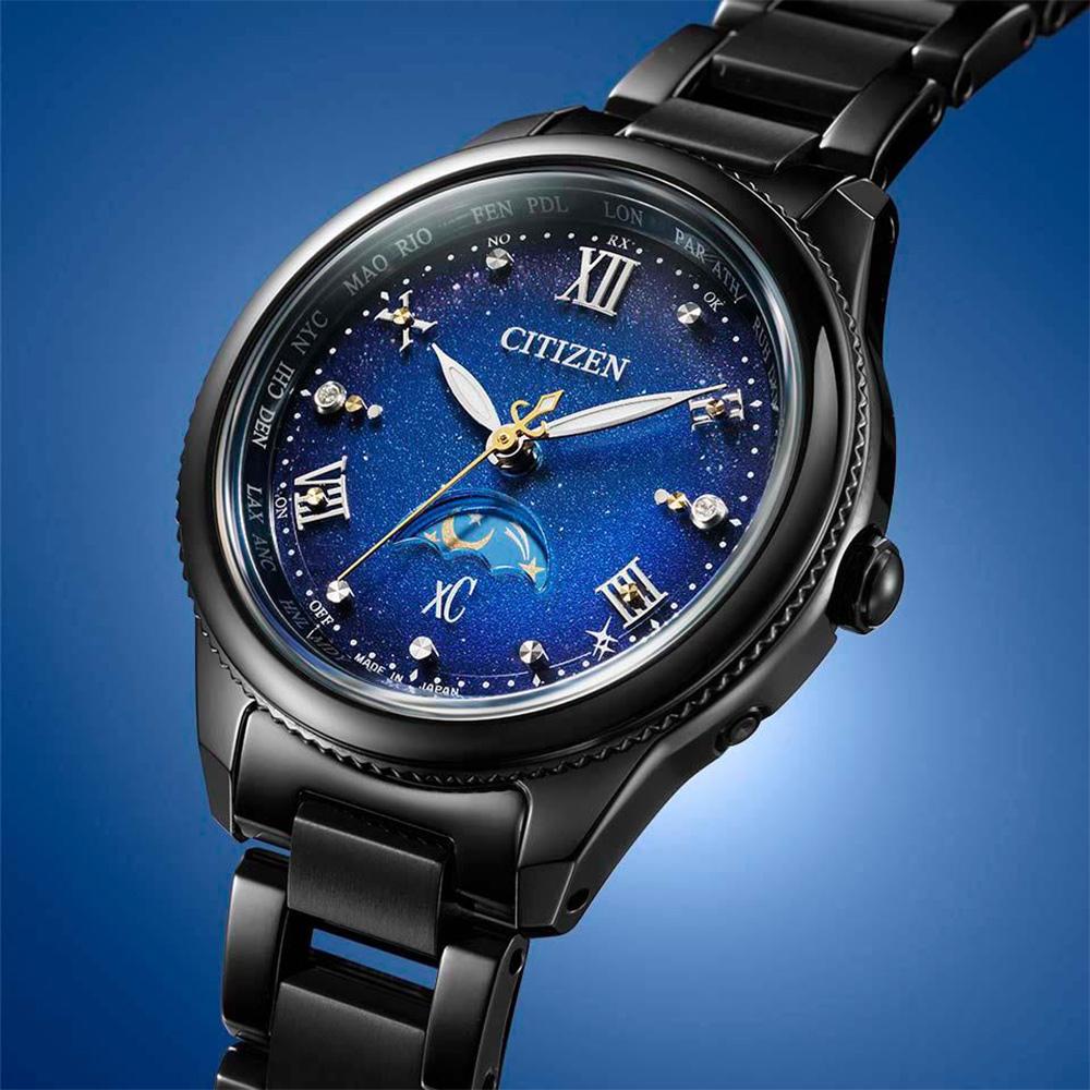 CITIZEN 星辰 XC 星星夜空 日月顯示鈦金屬光動能電波女錶-29mm藍 EE1007-75L