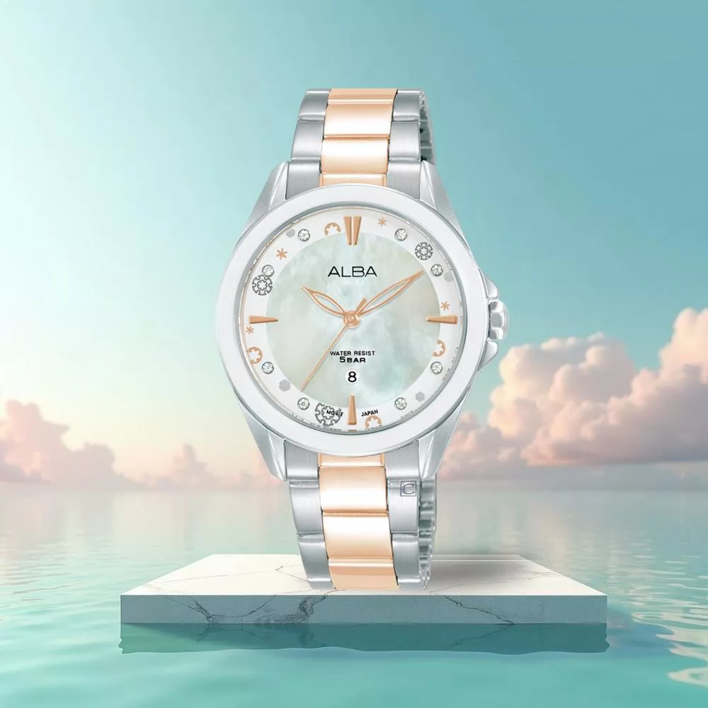 (聊聊甜甜價) ALBA 雅柏錶 CUTiE! 晶花白蝶貝玫金雙色女錶 手錶-33mm VJ22-X435KS.AH7DV1X1
