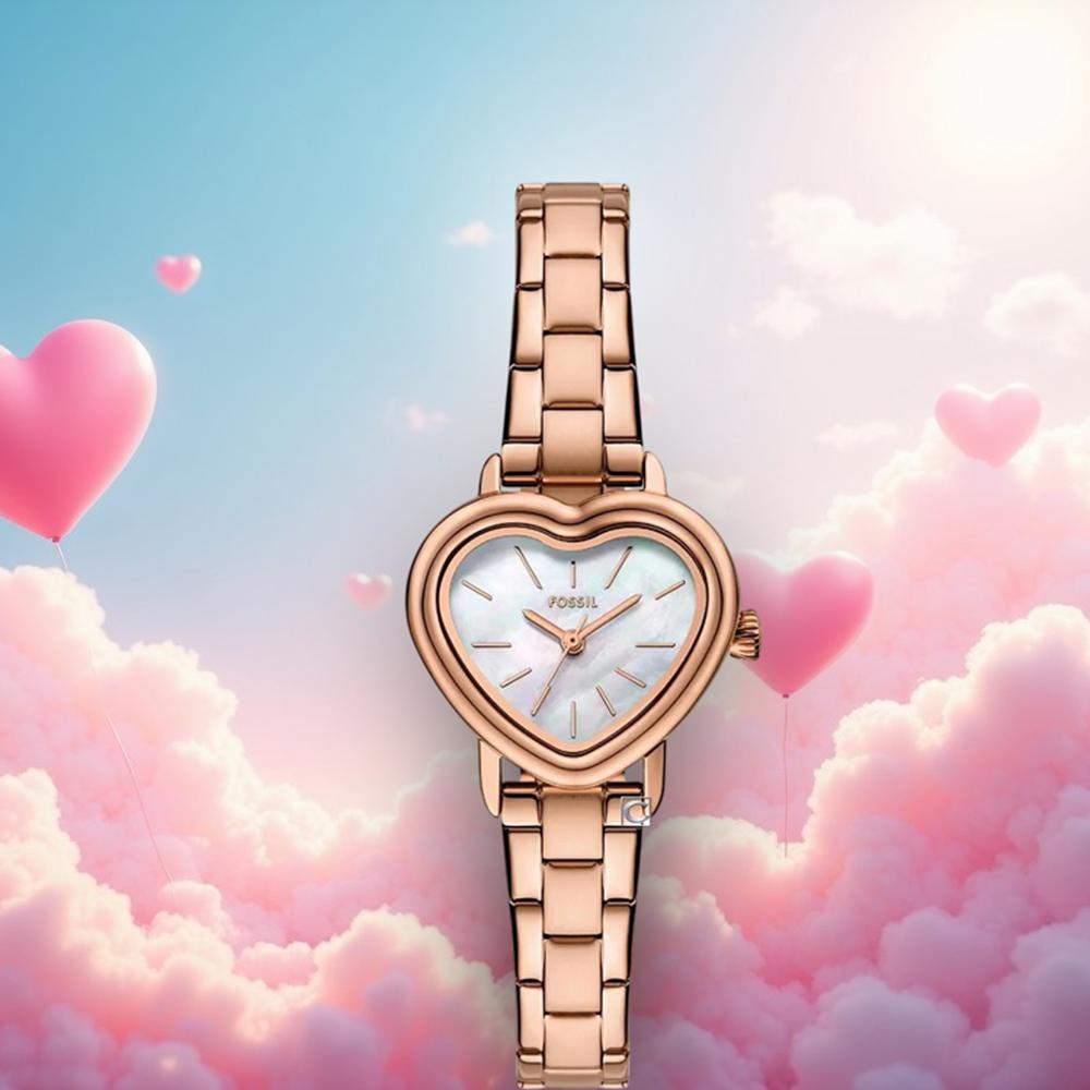 (聊聊甜甜價) FOSSIL  Karli Heart 心型珍珠母貝女錶 玫瑰金色不鏽鋼錶帶 29MM BQW8011