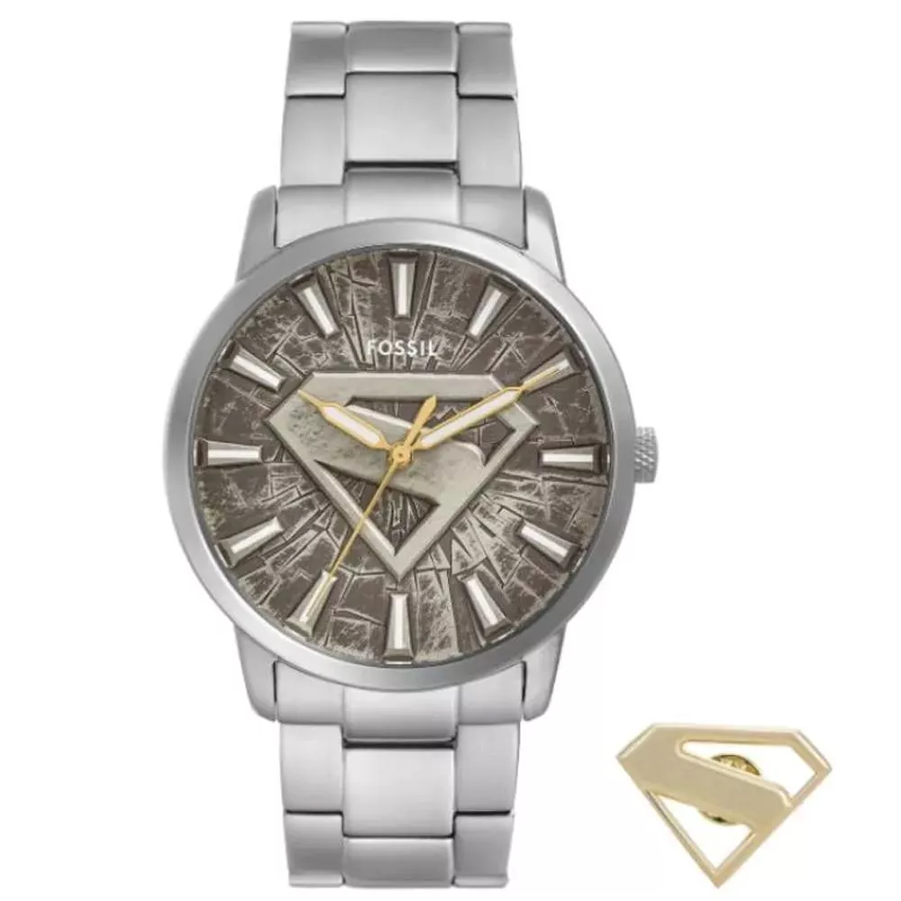 FOSSIL Superman x Fossil 英雄 S 限量聯名手錶 銀色不鏽鋼錶帶 42MM LE1207SET