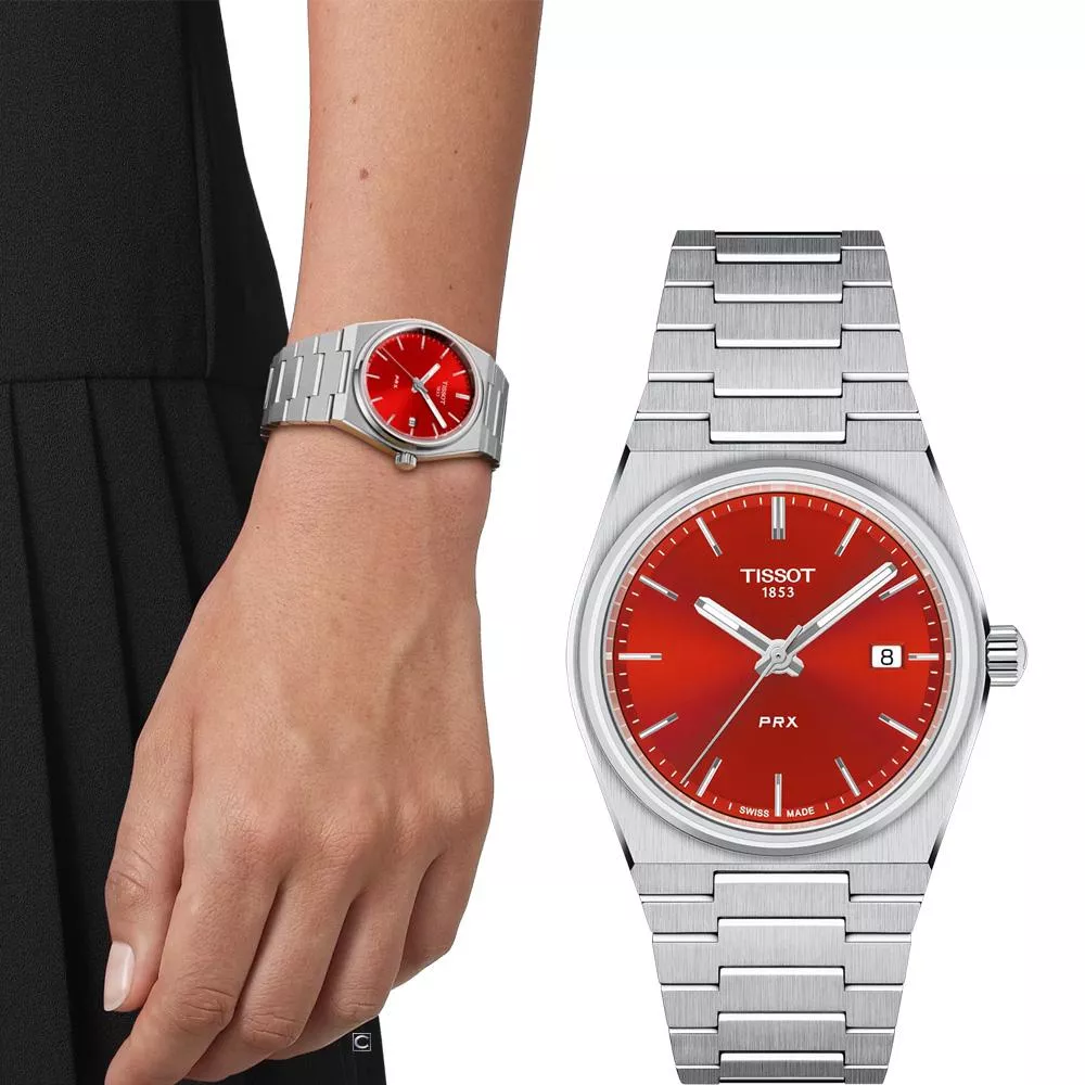 (聊聊甜甜價)  TISSOT 天梭 官方授權 PRX 手錶 女錶 紅色 -35mm- T1372101142100