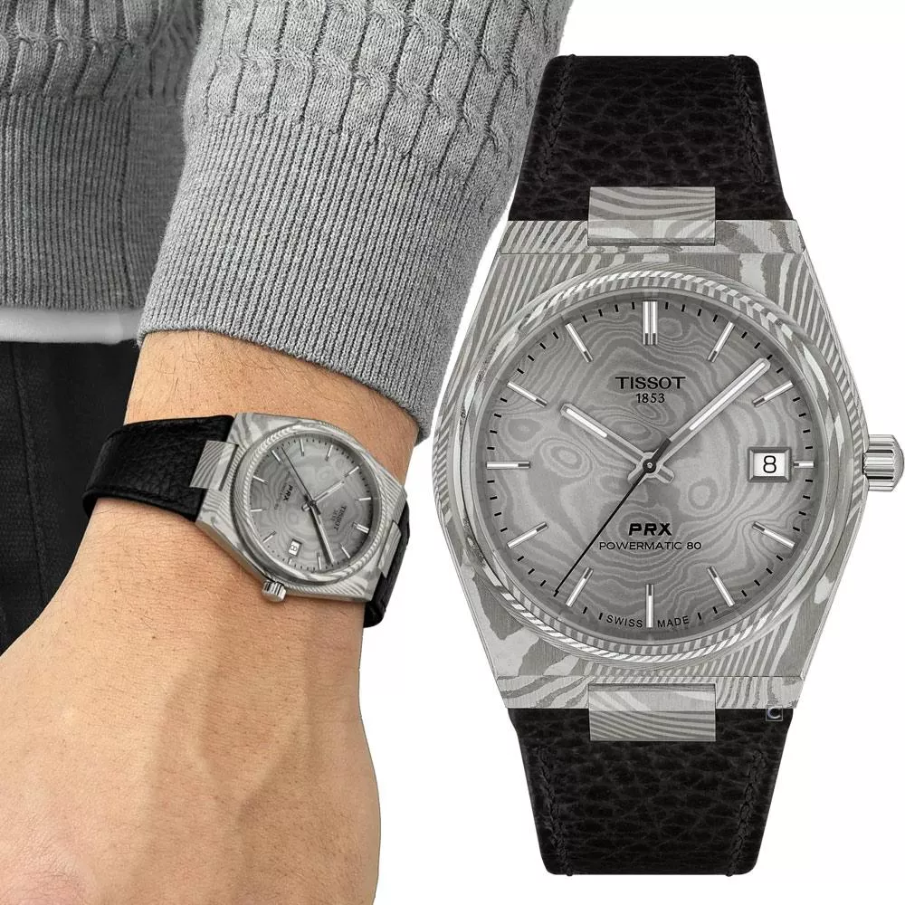 TISSOT 天梭錶 PRX POWERMATIC 80  大馬士革鋼灰色面盤 機械錶-T1378079608100/錶徑38mm