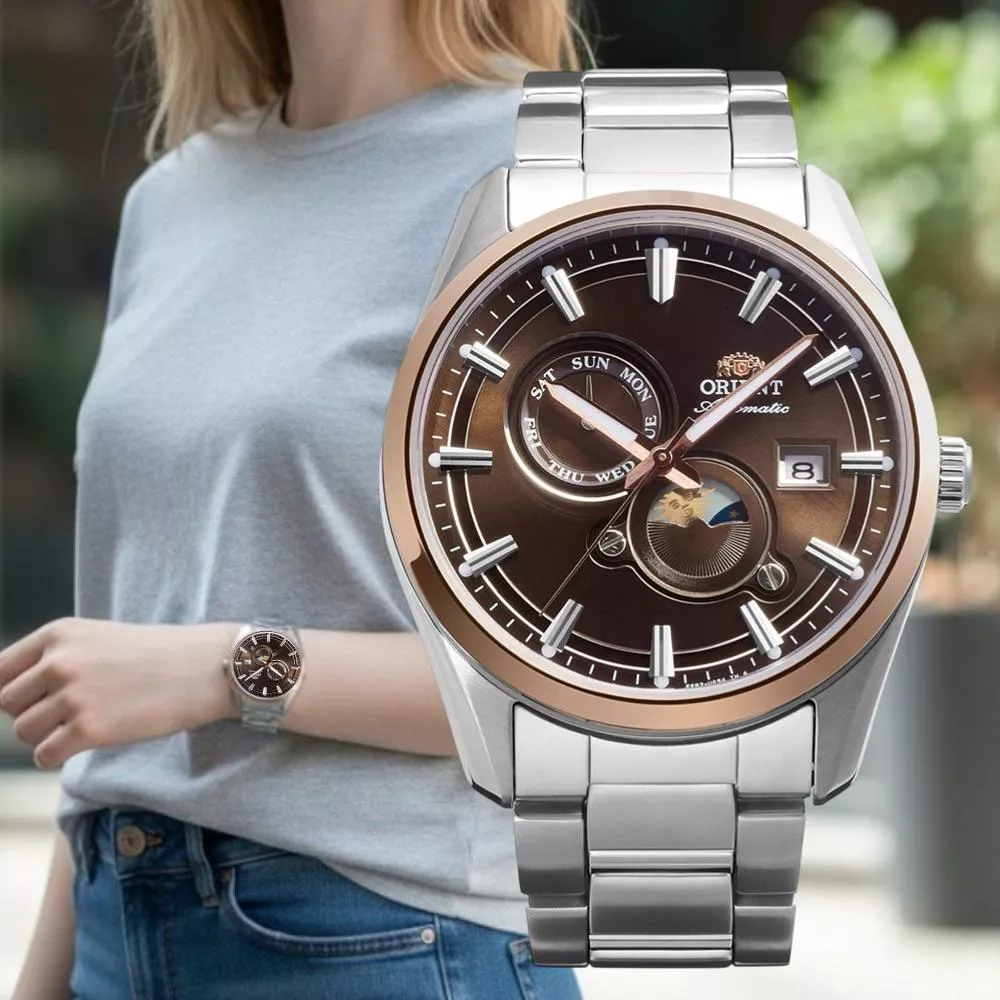 ORIENT 東方錶 SUN&MOON系列 晝夜顯示機械腕錶 男錶 手錶-RA-AK0313Y/棕41.5mm