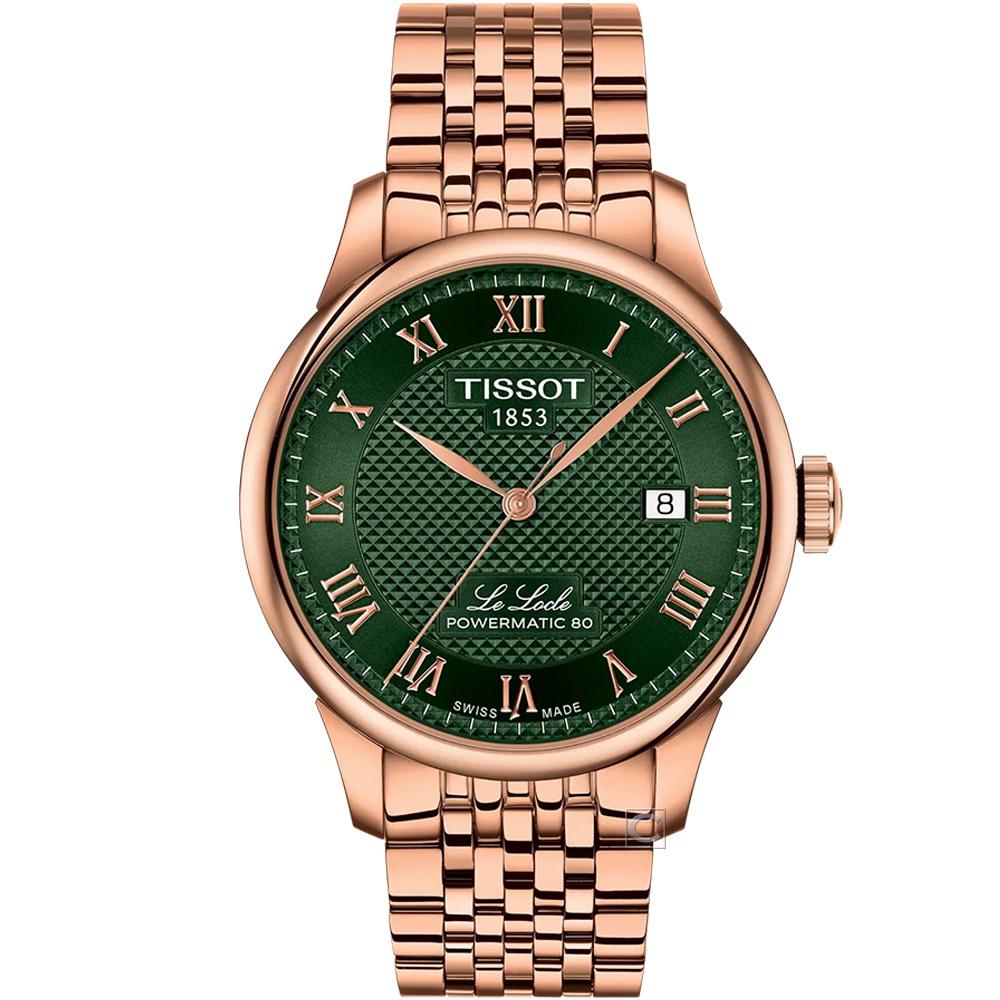 TISSOT 天梭錶 Le Locle 系列  力洛克 自動機械錶 男錶 手錶 _T0064073309300綠x玫瑰金色39.3mm