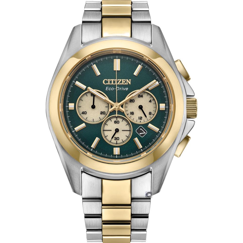 CITIZEN 星辰 光動能三眼計時腕錶 男錶 手錶-40.5mm綠x金色 CA4684-54X