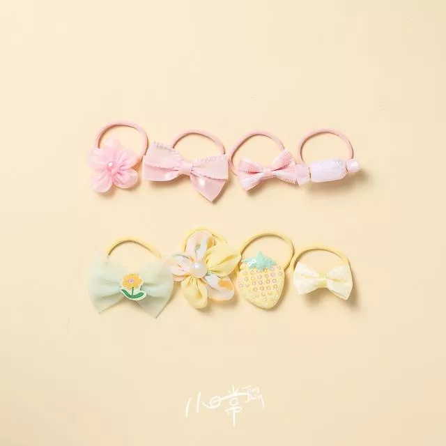 粉嫩蝴蝶結小髮圈－粉黃色系