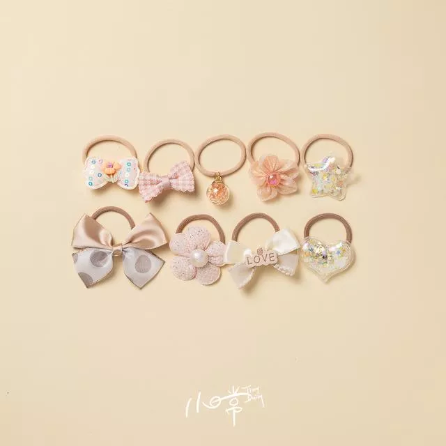 粉嫩蝴蝶結小髮圈－奶咖色系