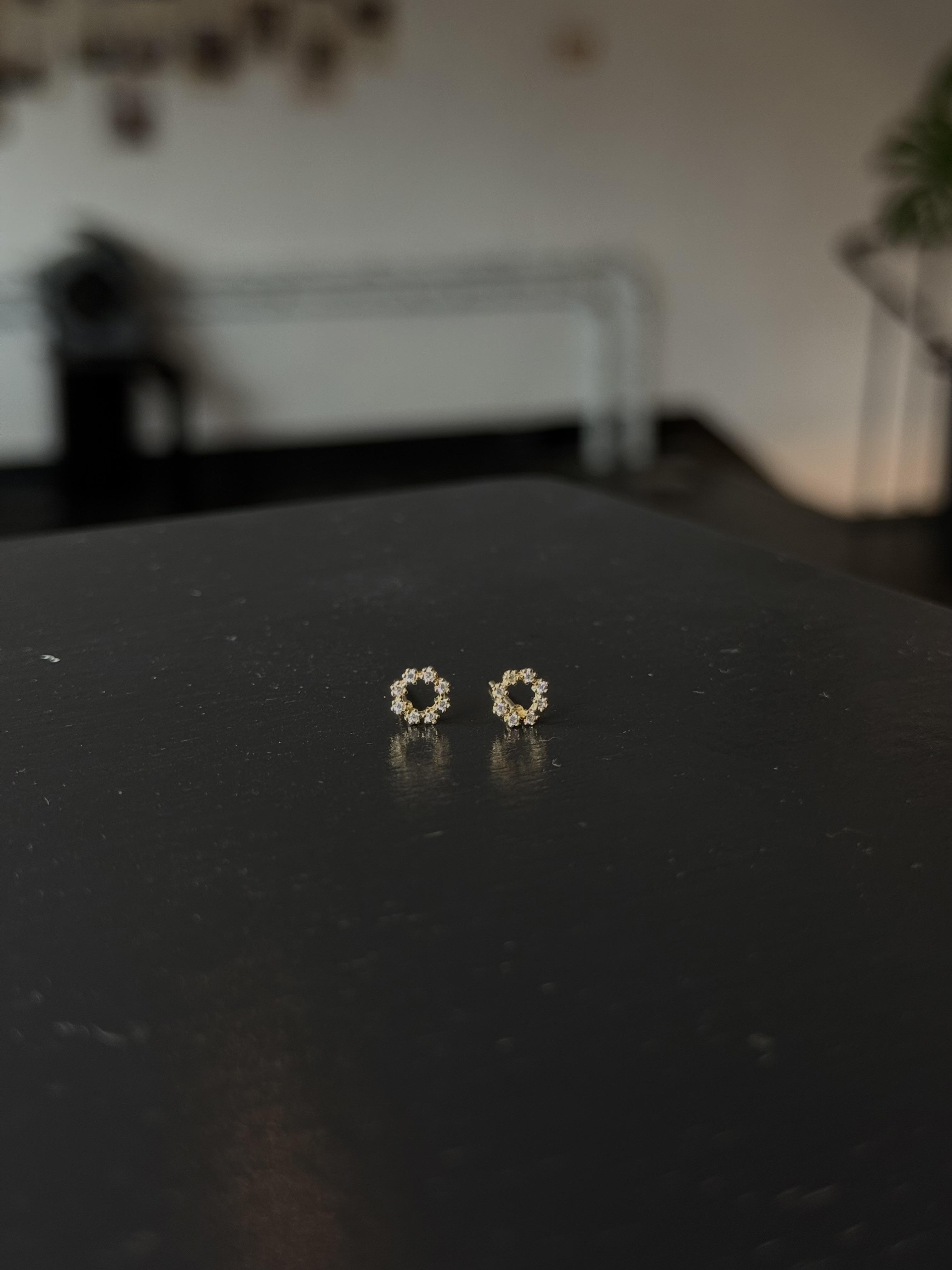 法式花環・復古金色璀璨鋯石圓形純銀耳釘