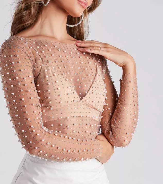 Unique Pearl 珍珠鑽石透膚長袖短上衣