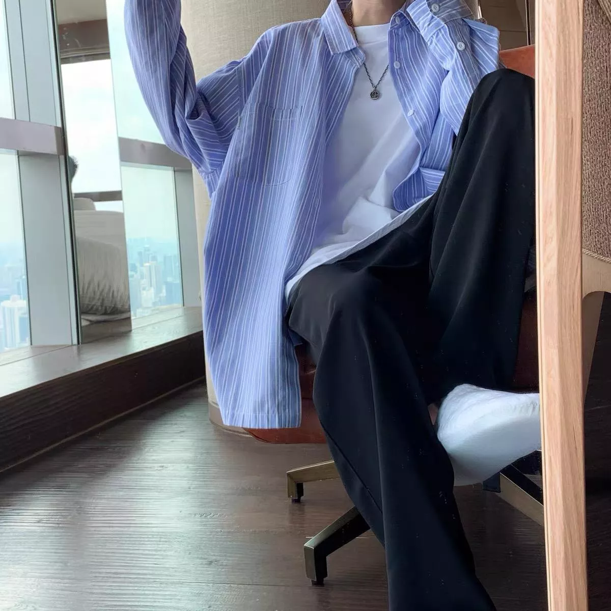 韓版純棉微磅條紋襯衫 M