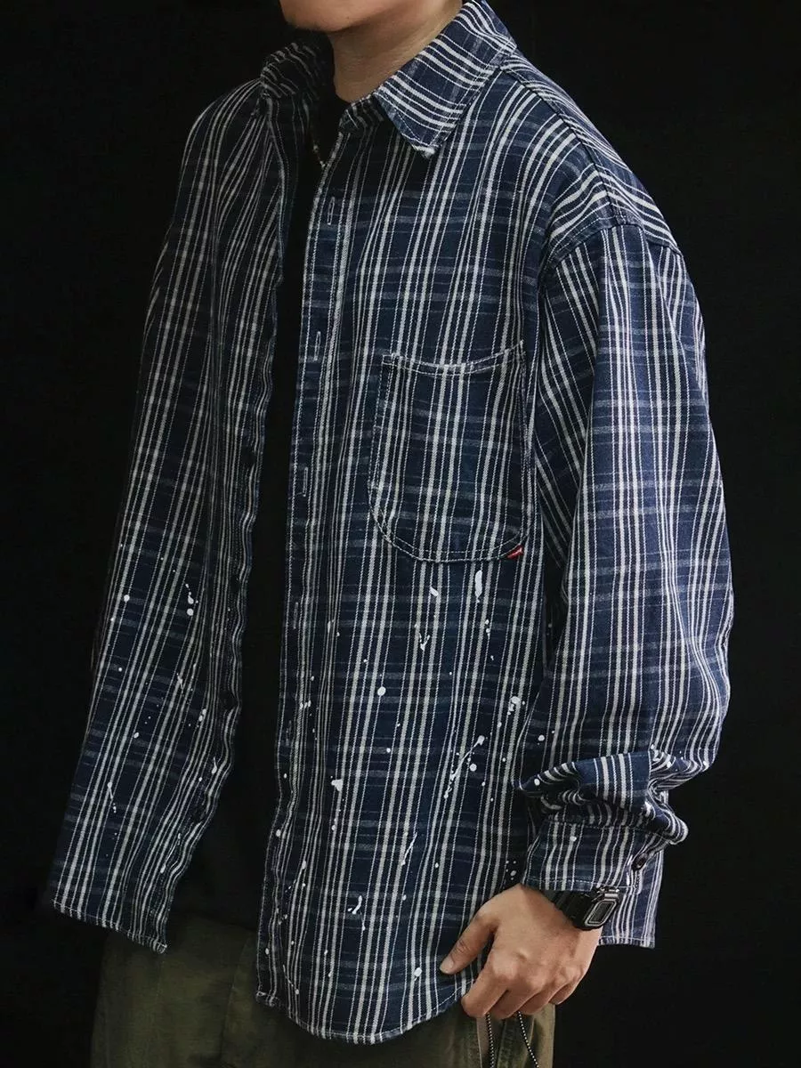 秋冬潑漆格紋長袖襯衫(2色)