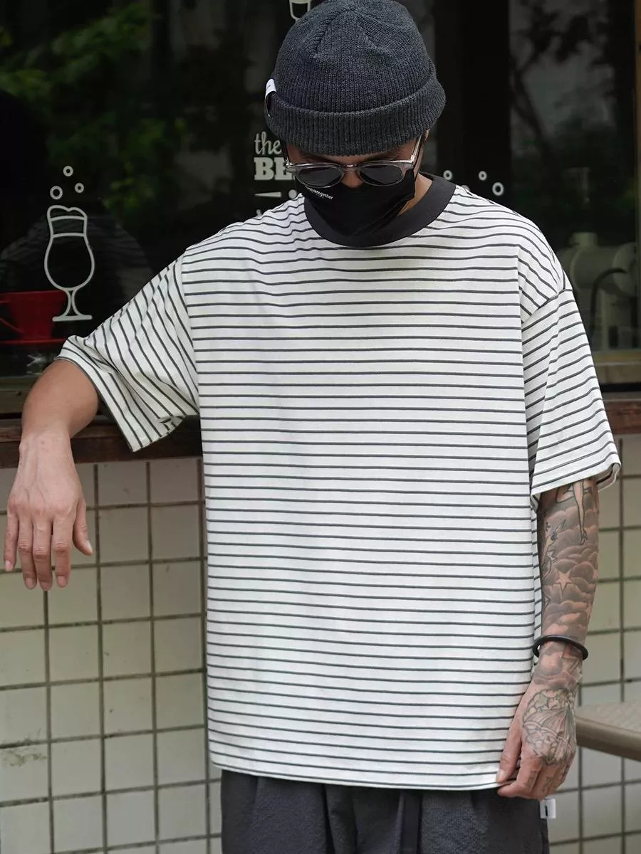 日系細條紋短袖上衣(2色）