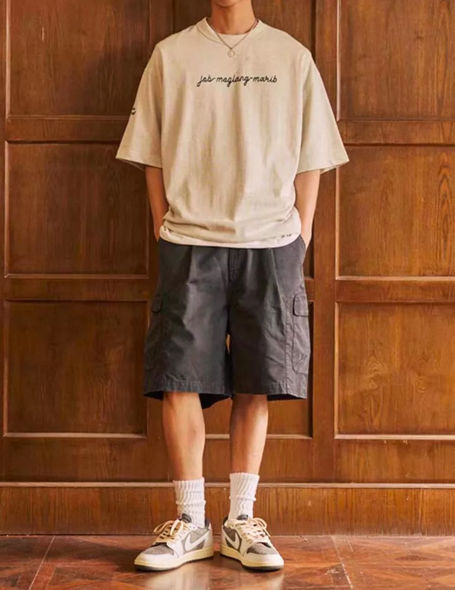 水洗作舊工裝口袋五分褲(2色)