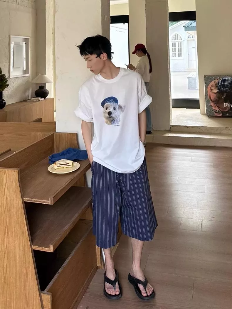 韓系格紋線條鬆緊七分褲