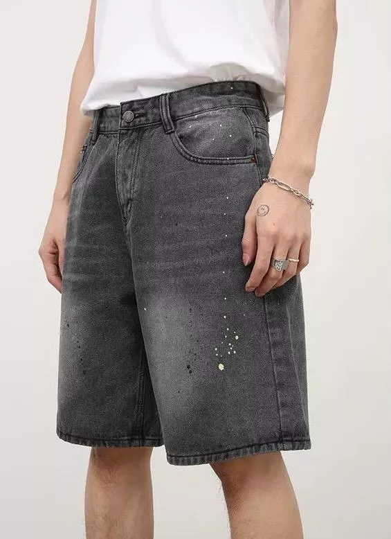 美式潑漆黑灰闊腿牛仔短褲