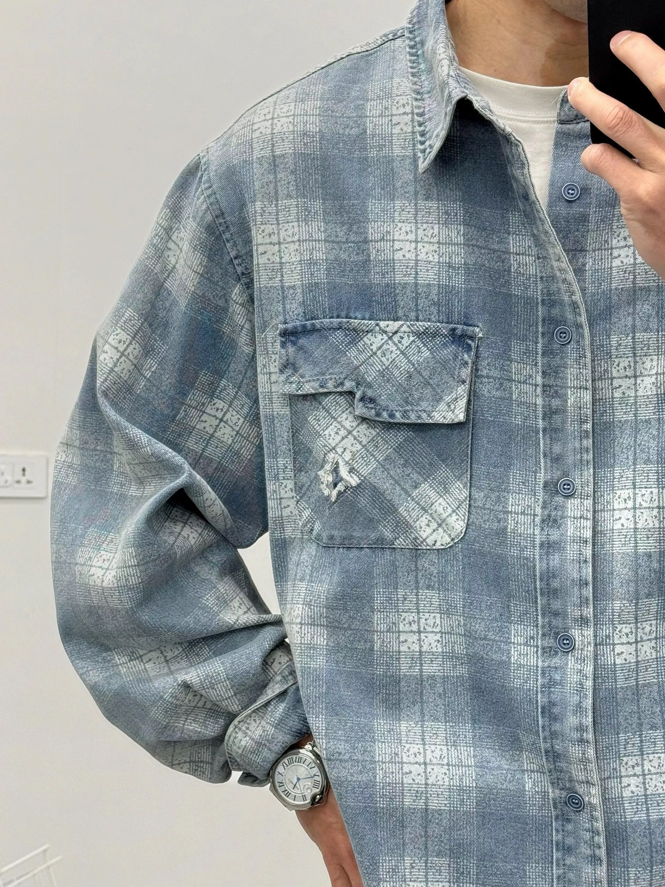 美式淺色牛仔破壞格紋襯衫