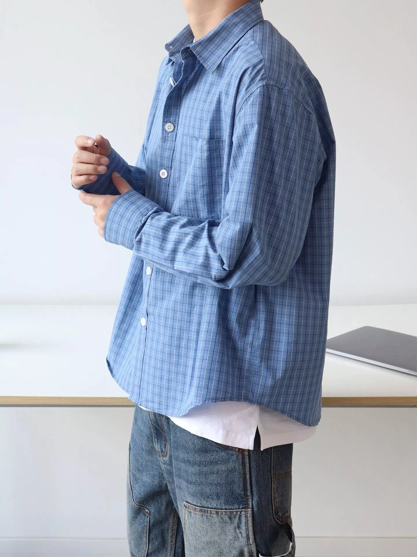 藍格紋廓形長袖襯衫