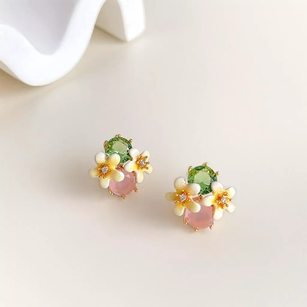 【現貨】銀針 森美氣質水晶琺瑯立體花朵耳環