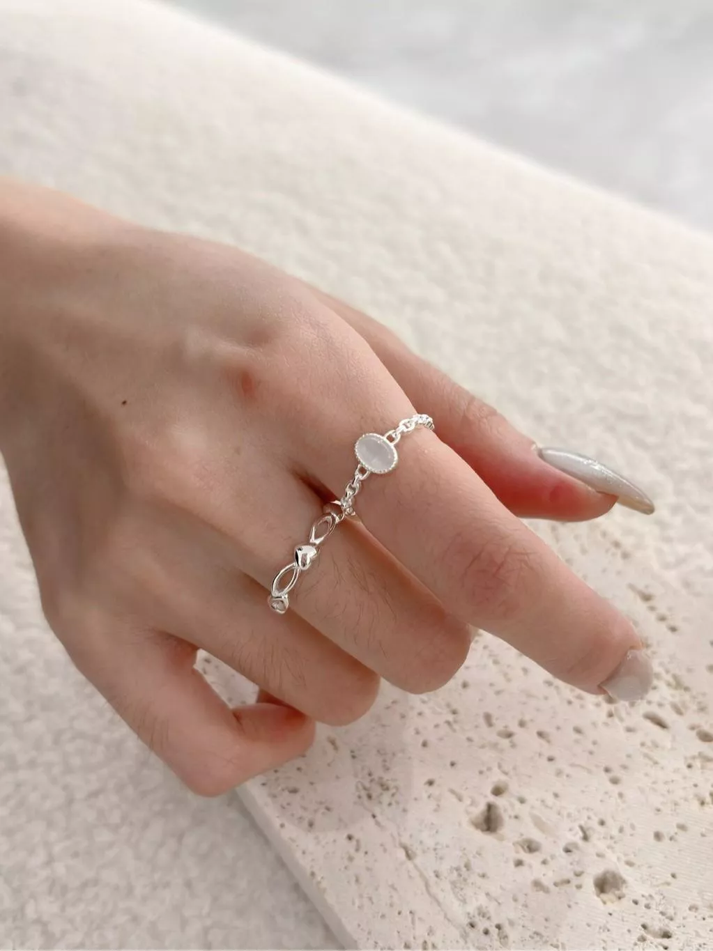 CLMA♡｜🇰🇷 Korea  Glittering 鏤空鑲邊貓眼石純銀戒指