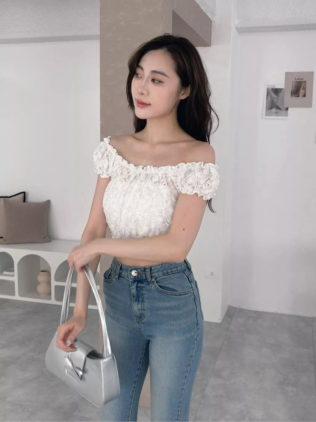 CLMA♡｜🇰🇷Korea  Rose garden 玫瑰花瓣鬆緊蕾絲上衣 - 白/粉