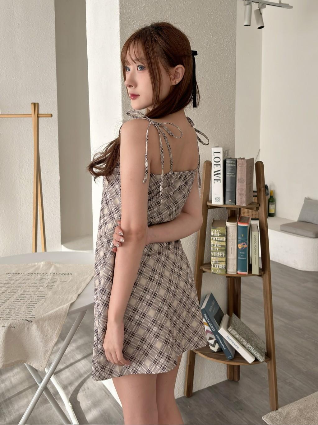 CLMA♡｜🇰🇷Korea 少女心事  斜格紋側拉鍊綁帶連身洋裝