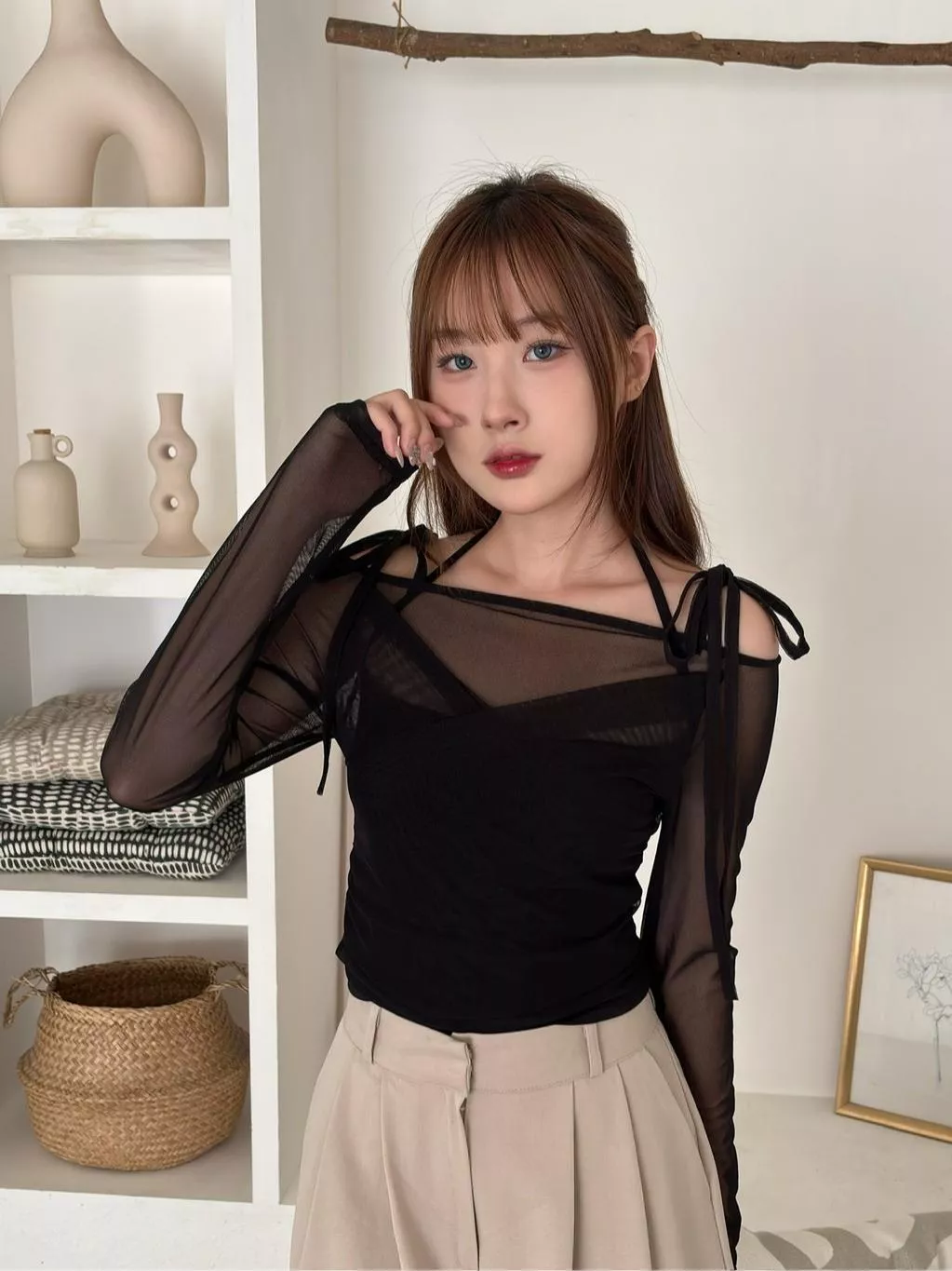 CLMA♡｜🇰🇷Korea 秋日微醺  透膚紗綁帶兩件式上衣Set