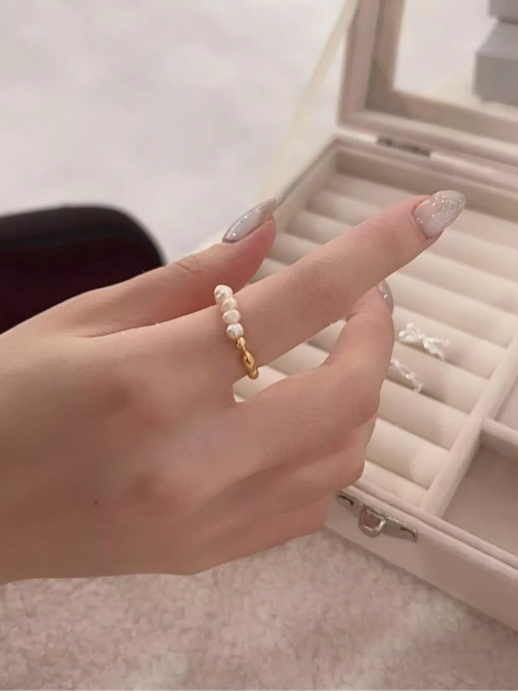 CLMA♡｜ 🇰🇷 Korea  One kiss 淡水珍珠半圓串戒 - 銀/金