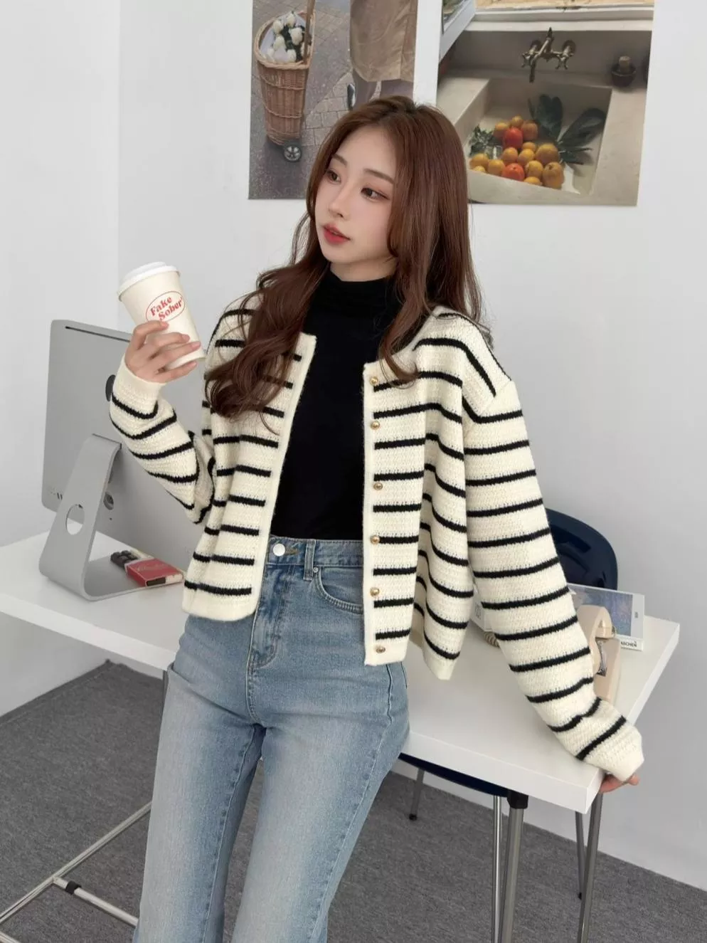 CLMA♡｜🇰🇷Korea 秋末冬初  編織感圓領金釦條紋外套