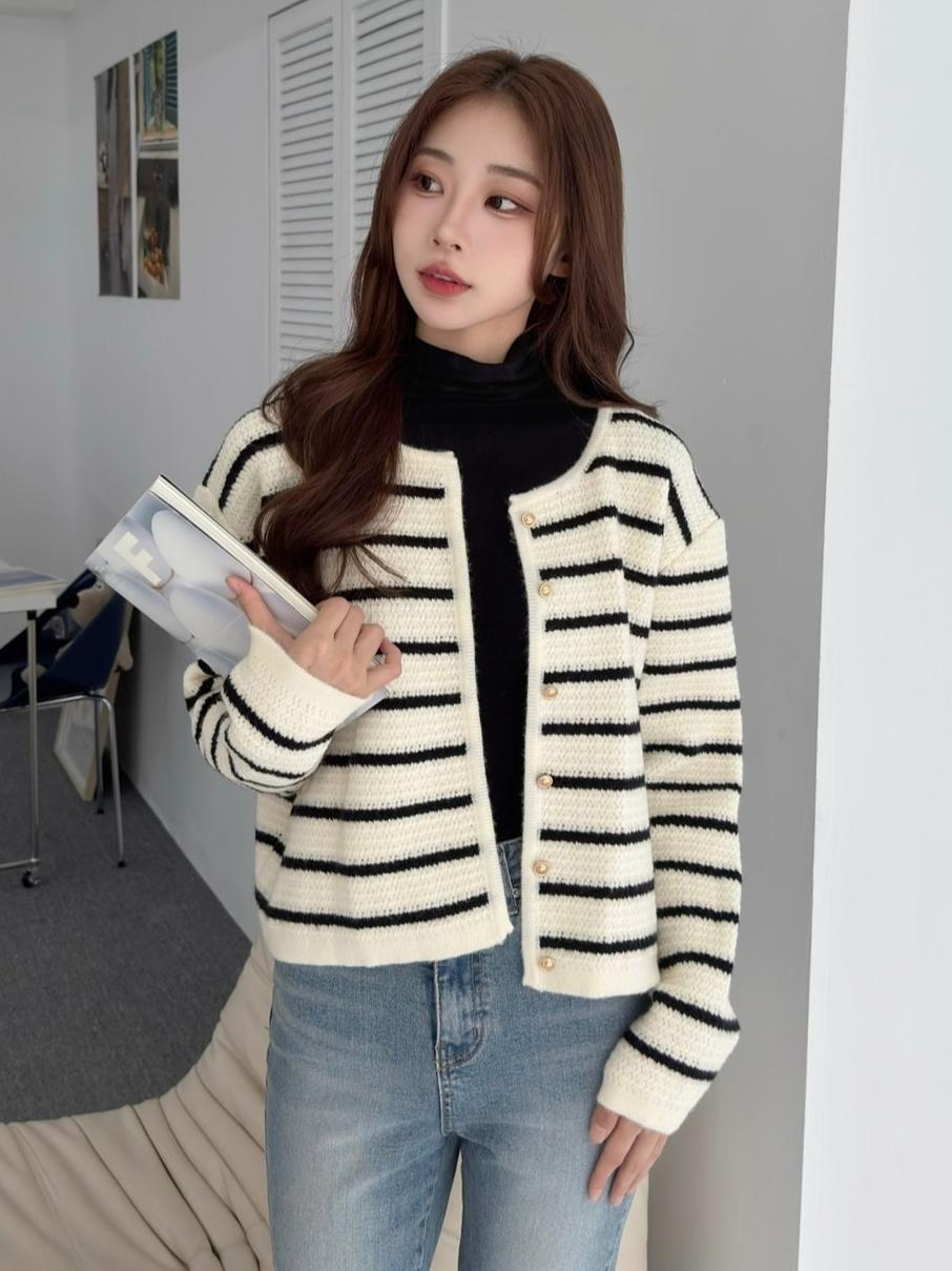 CLMA♡｜🇰🇷Korea 秋末冬初  編織感圓領金釦條紋外套