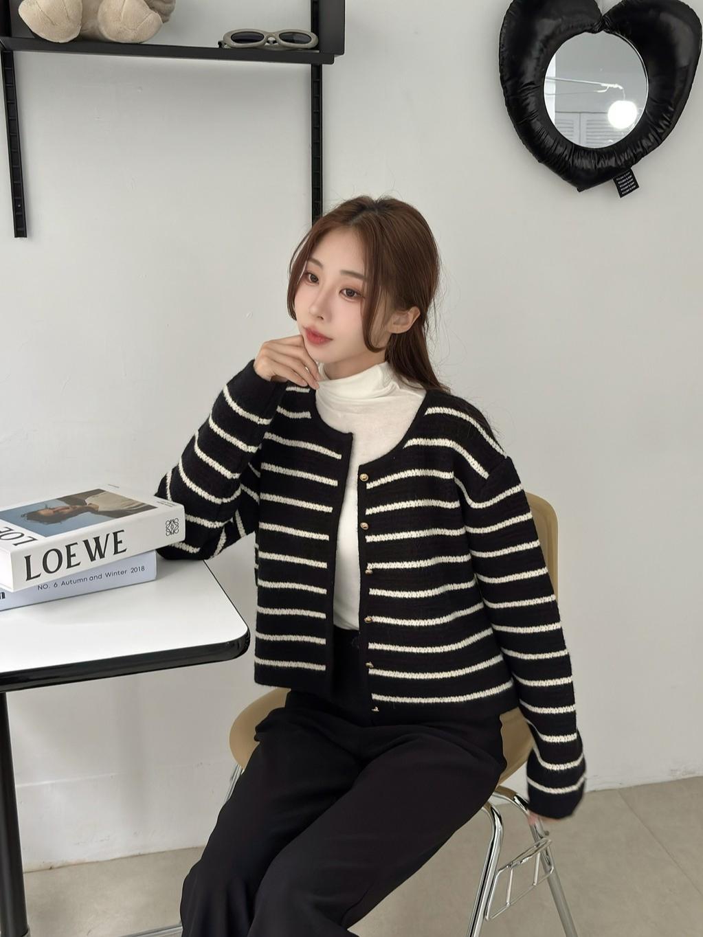 CLMA♡｜🇰🇷Korea 秋末冬初  編織感圓領金釦條紋外套