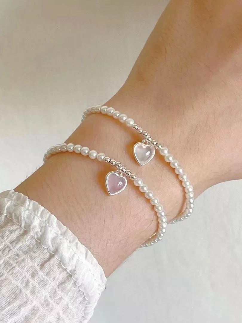 CLMA♡｜ 🇰🇷 Korea  Loving hearts 月牙石愛心純銀珍珠手鍊 - 象牙/藕粉