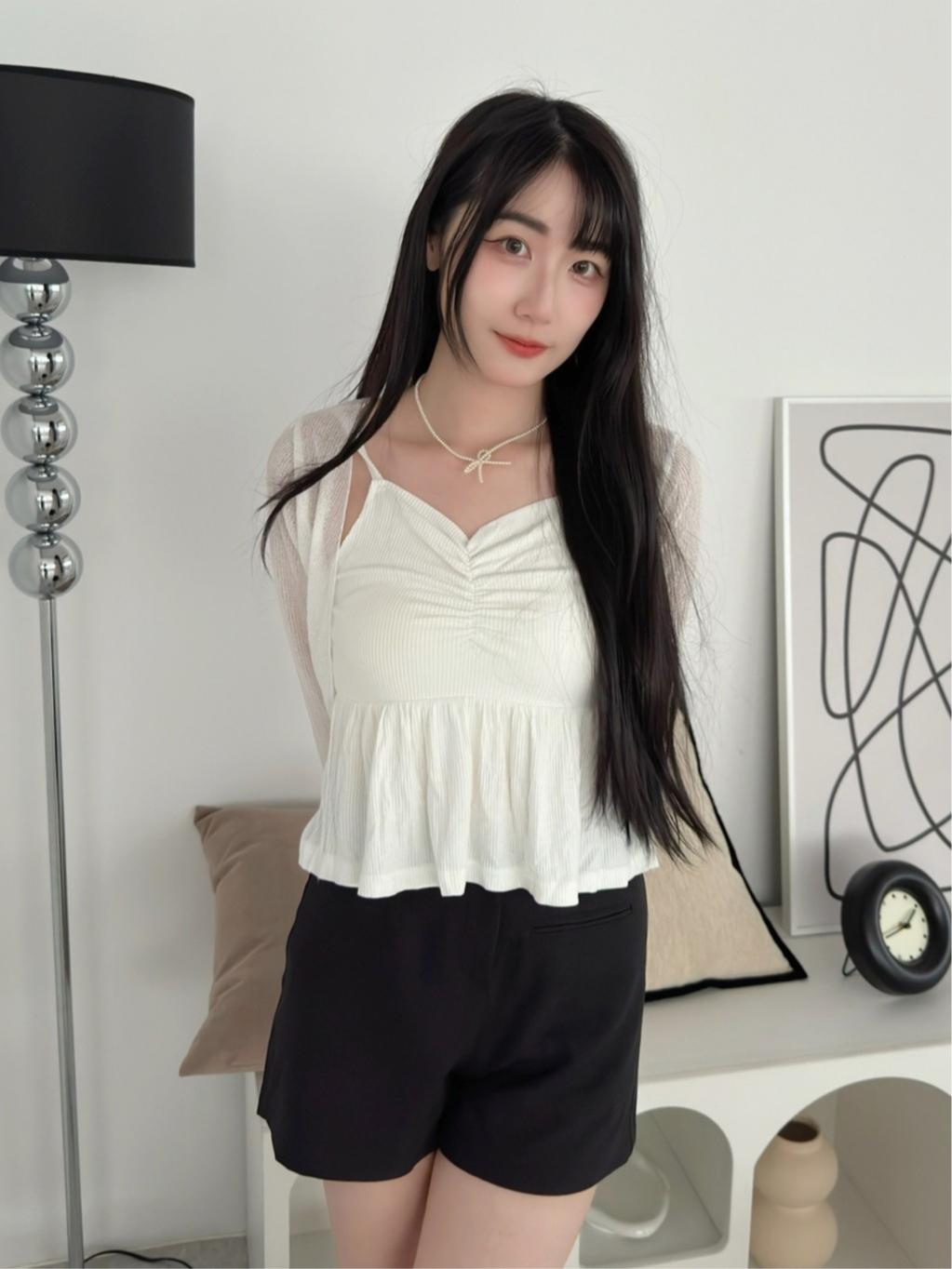 CLMA♡｜🇰🇷Korea 如煙如夢  前抓皺傘擺吊帶 SET - 白/黑